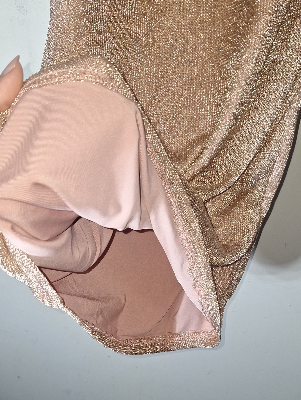 Hello Molly Metallic Rose Gold Cowl Neck Mini Dress - Picture 7 of 8